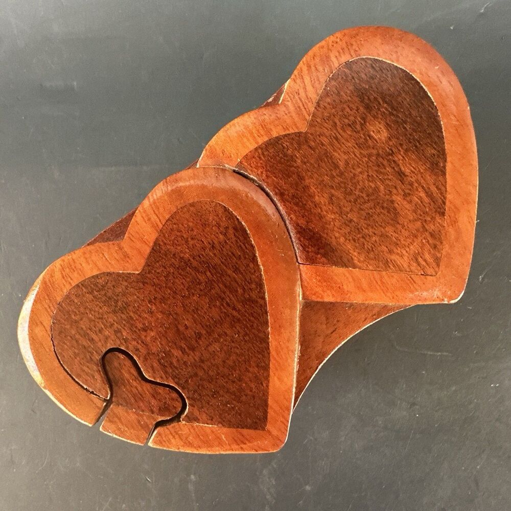 Vtg Wooden Two Hearts Puzzle Box Secret Jewelry Stash Case Handcrafted Trinket